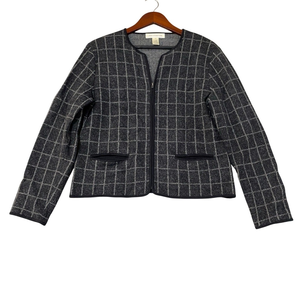 Jones New York Women's M Gray Windowpane Plaid Zip Cardigan Merino Wool
